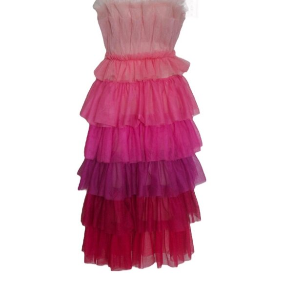 Tulle Tiered Midi Strap Ombre Pink Dress - Picture 3 of 6